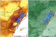 Mapa de la ciudad de Barcelona, izquierda concentración de PM2,5 y derecha concentración de NDVI